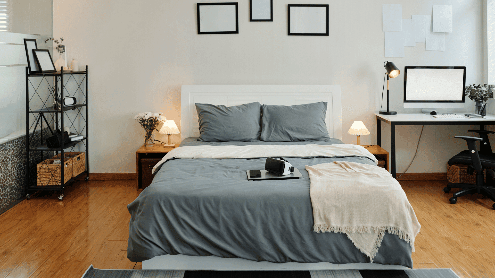 Fully furnished bedroom in a modern room for rent in Gurgaon with work desk, wooden flooring, and ambient lighting.