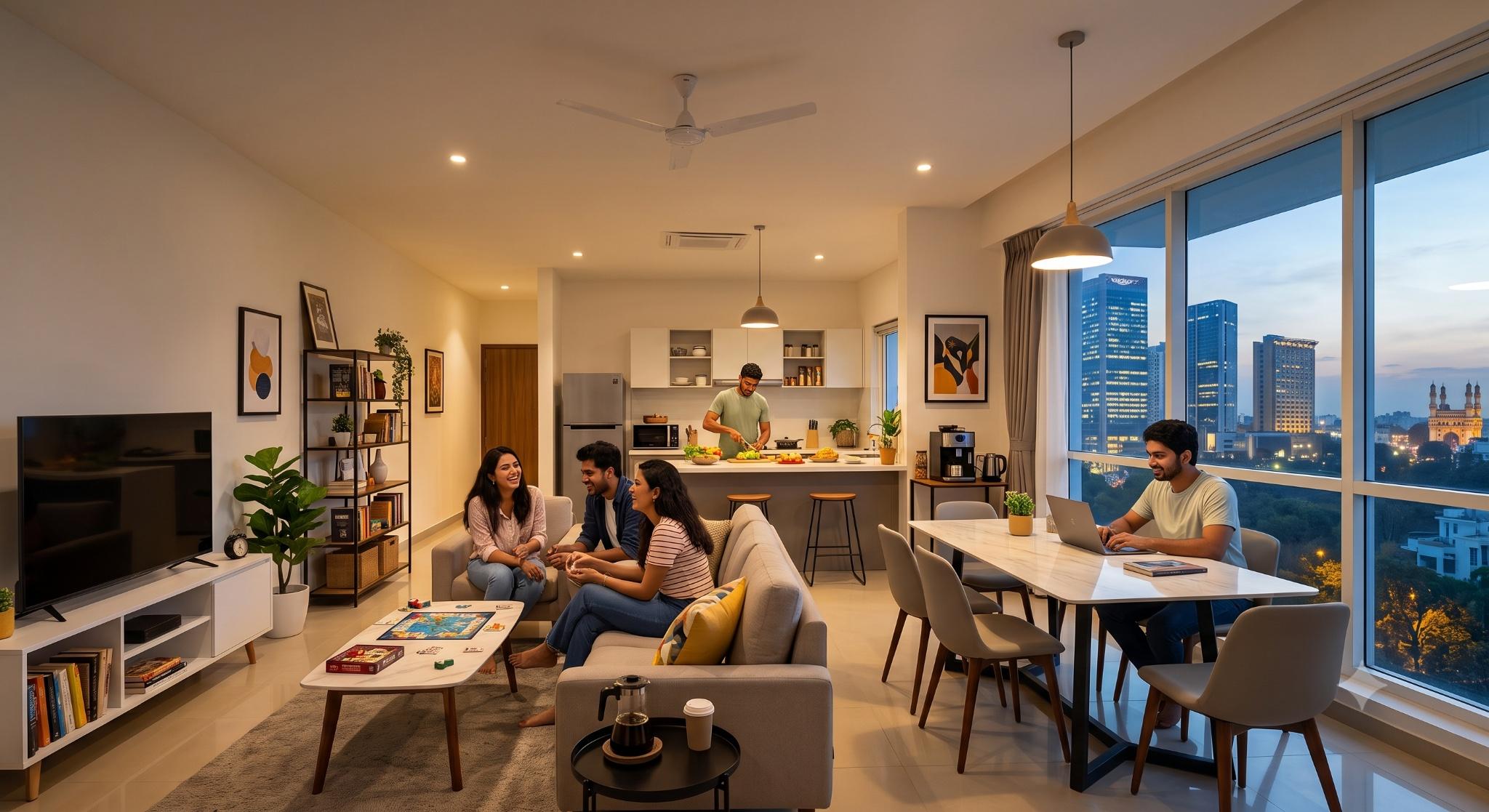 A group of young adults enjoying a modern furnished coliving apartment in Hyderabad; friends socialize on a sofa while one works at a dining table and another cooks in the kitchen, highlighting the benefits of community living over traditional apartments