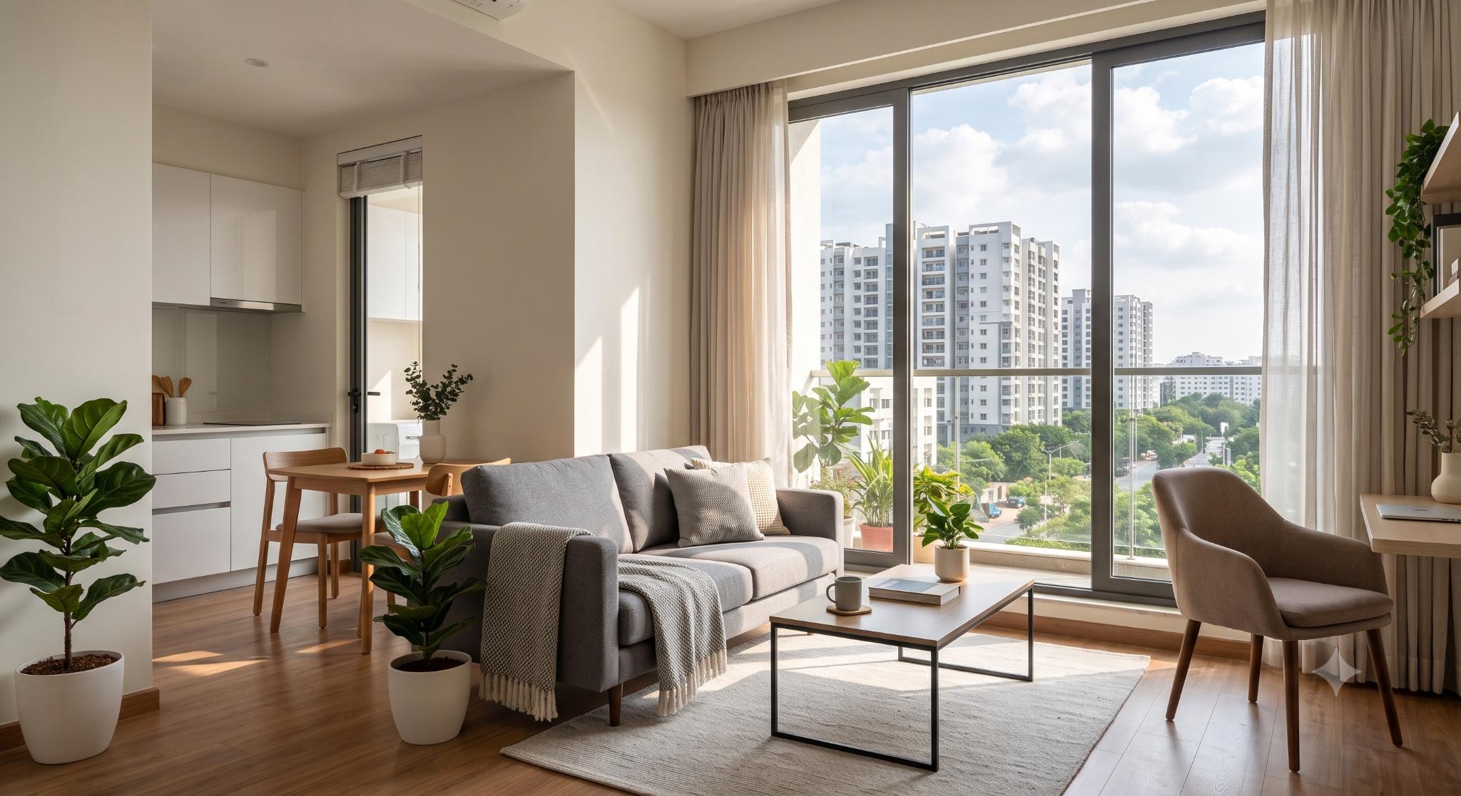 A modern, well-lit living room in a comfortable 1BHK apartment in Kondapur, featuring a balcony with city views.