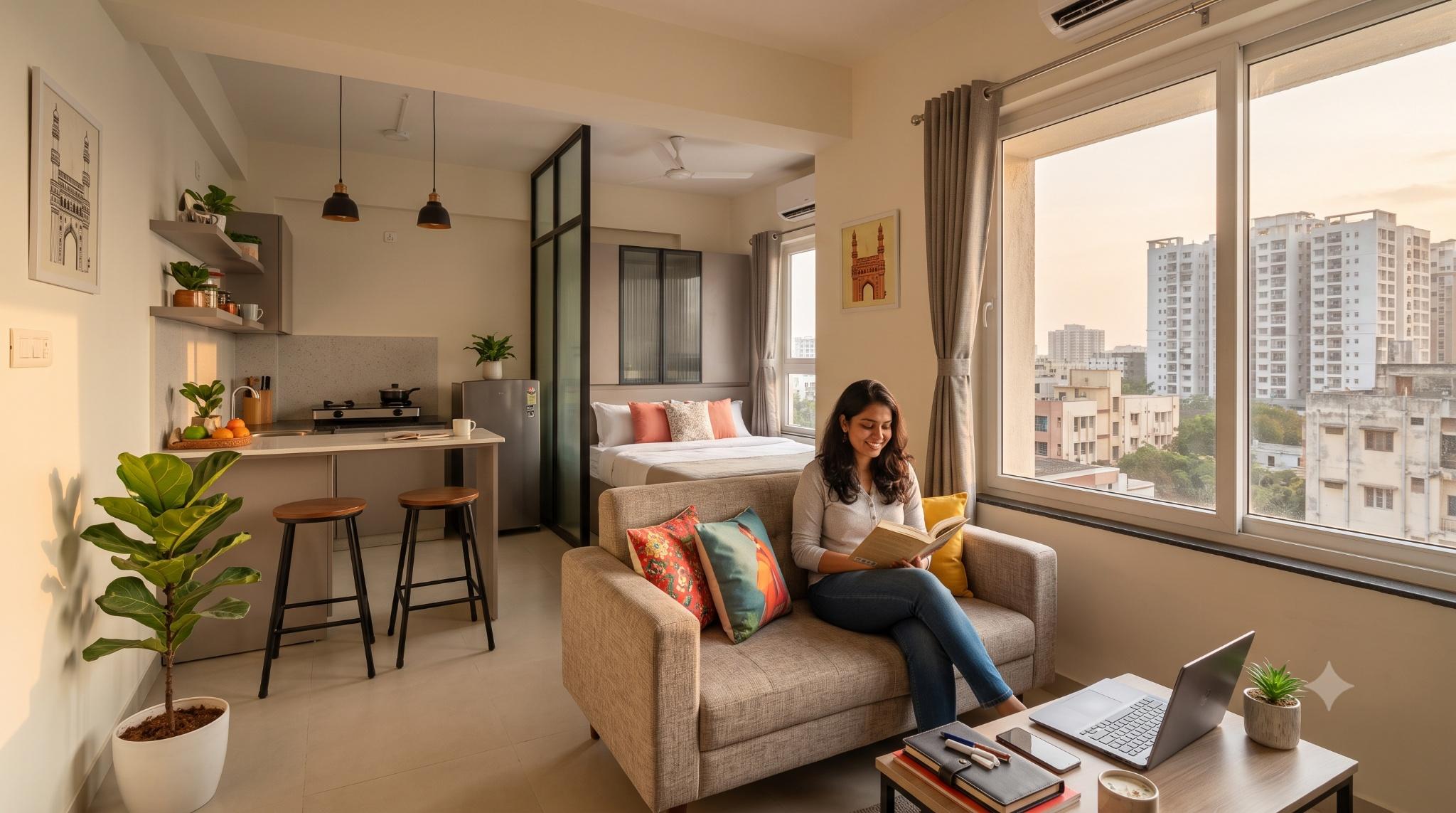A young woman relaxing and reading a book on a sofa inside a brightly lit, modern studio apartment for rent in Hyderabad, featuring an open kitchenette, a partitioned bedroom area, and large windows overlooking the city.