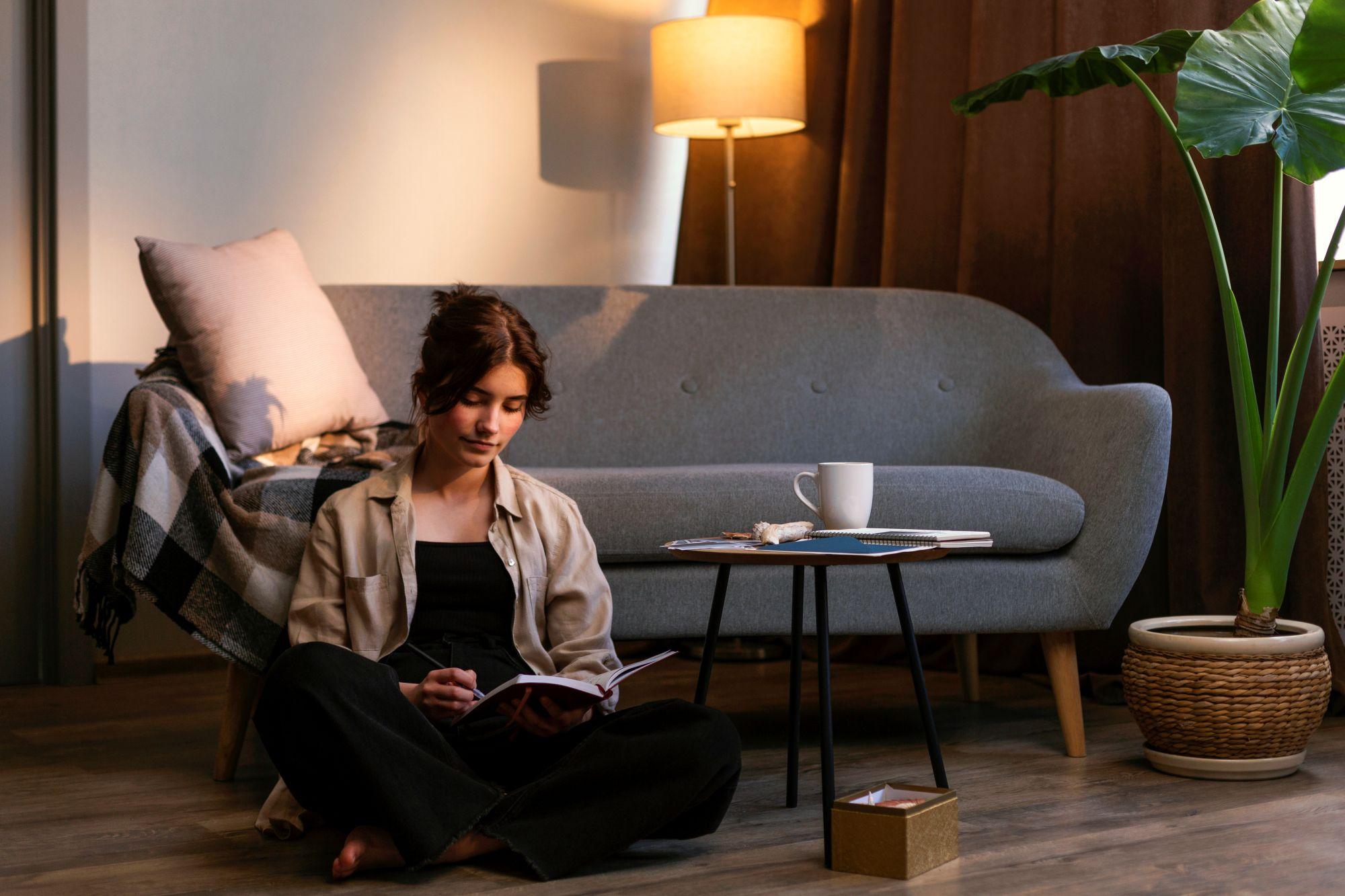 Young woman relaxing with a notebook in a cozy living room of a modern house for rent in Bangalore.
