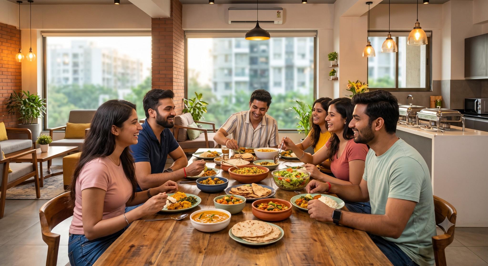Young professionals enjoying a communal dinner at a modern coliving space in Wakad with a buffet meal setup in the background.